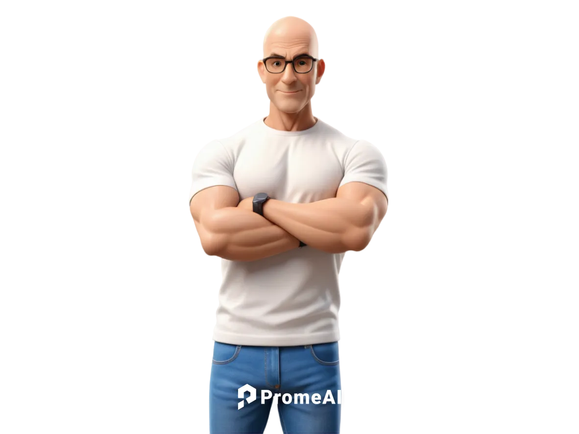 bald head, wrinkled skin, aged face, senior man, muscular arms, strong chest, simple white shirt, blue jeans, standing, confident pose, natural light, soft focus, shallow depth of field, warm color to