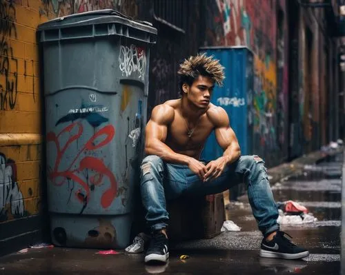 Kai, muscular man, shirtless, ripped jeans, worn-out sneakers, sitting, powerless, exhausted, messy hair, sweat droplets on forehead, urban alleyway, graffiti walls, dim streetlights, trash cans, brok