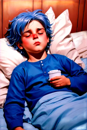 Cartoon boy, lying in bed, sick with pneumonia, messy blue hair, sweaty forehead, red nose, worn-out pajamas, white blanket, thermometer in mouth, coughing, holding tissue, sad expression, warm lighti