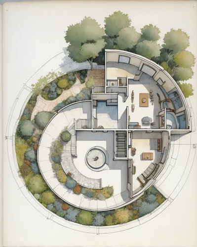 2D architectural floor plan for a futuristic circular residence with an open central courtyard, curved walls, (a central skylight: 1.2), and multiple levels connected by (a spiral staircase: 1.2). Inc