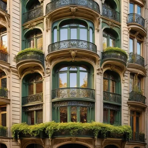 Ornate building, art nouveau style, grandiose facade, intricate metalwork, flowing organic lines, curved stone carvings, stained glass windows, towering spires, ornamental balconies, lush green vines 