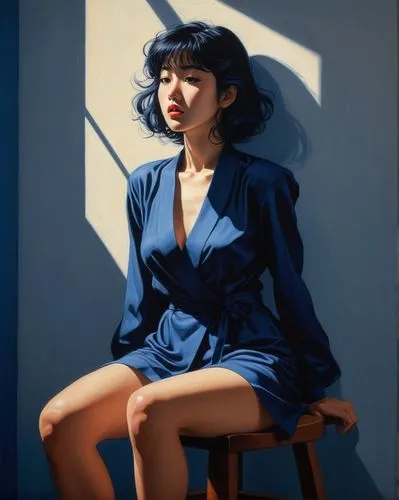 vettriano,woman sitting,suzong,asian woman,yasumasa,blue painting,girl sitting,jianying,photorealist,japanese woman,artist portrait,mari makinami,gangloff,yanzhao,pittura,portrait of a girl,tretchikoff,girl portrait,wenzhao,oil painting,Illustration,Children,Children 03