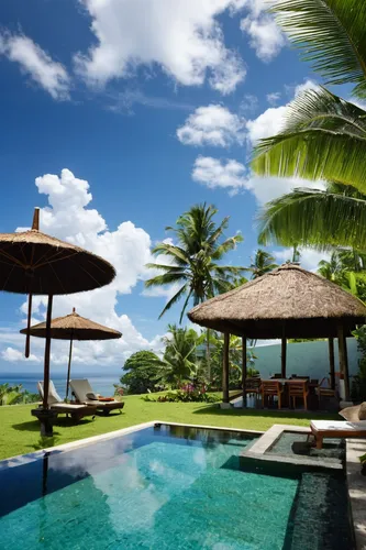 villa bali,pool, beauty sky, ANy RESTAURANT, UMBRELLA A SIDE POOL, many coconut tree in background,,tropical house,bali,holiday villa,seychelles,tropical island,coconut palms,ubud,mauritius,fiji,moore