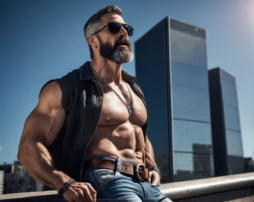 A mature muscular man, shirtless, athletic build, short dark hair, strong facial features, rugged beard, sunglasses, silver necklace, relaxed fit jeans, brown leather belt, black boots, leaning agains