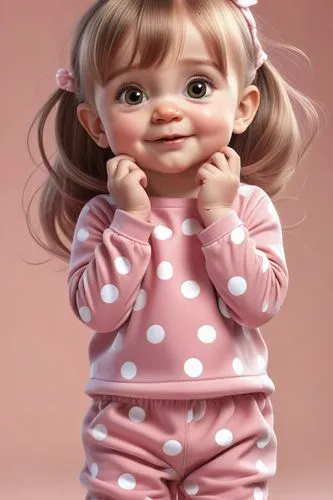 a baby girl is wearing pink pajamas and a pigtails hairdo,female doll,dollfus,monchhichi,cute baby,kewpie dolls,doll's facial features