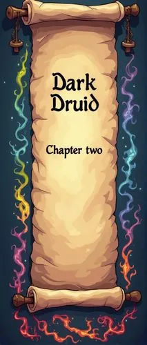 Draw in comic cartoon anime style: A full-screen scroll of parchment printed with the words, "Dark Druid: Chapter two" against a thin border of multicolored magic swirls.,an old scroll with the title 