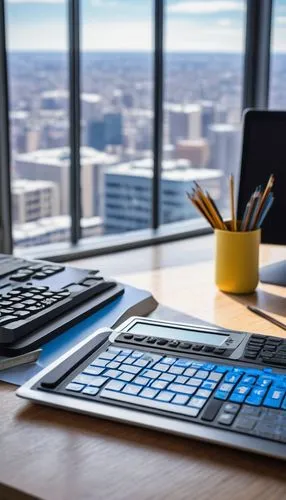 Architecture calculator, modern design, sleek metal body, glowing blue screen, intricate buttons, precise keyboard, ergonomic grip, placed on a wooden desk, surrounded by architectural drawings, penci