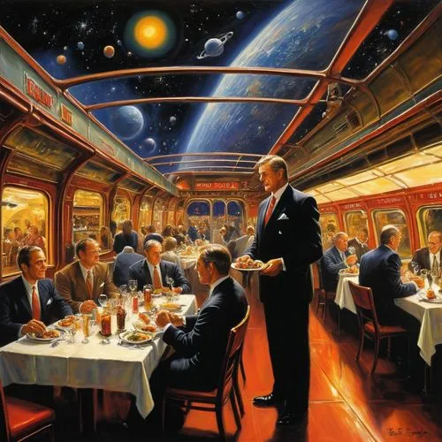 breakfast on board of the iron,galaxy express,streamliners,spaceliner,diner,aboard,Illustration,Realistic Fantasy,Realistic Fantasy 32