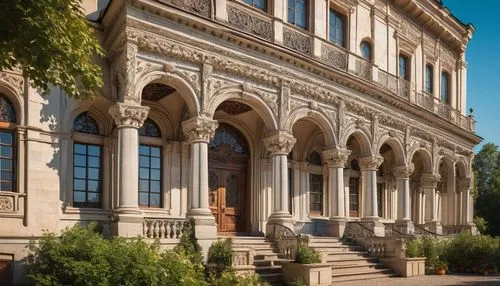 EUA (Eastern Ukrainian Architecture), historic building, ornate facade, Baroque style, grand entrance, stone columns, intricate carvings, stained glass windows, symmetrical composition, warm afternoon