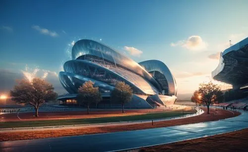 stadium ,a unique architecture po in the evening,futuristic architecture,futuristic art museum,futuristic landscape,arcology,morphosis,futuroscope,heatherwick,bjarke,technopolis,sky space concept,gehr