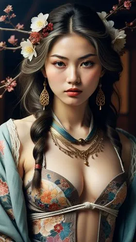 for image generation: "Create an illustration in the traditional Japanese art style of a woman with long, dark hair. Her body should be partially covered in colorful, intricate tattoos featuring flora