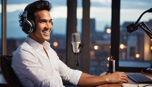 Modern minimalist studio, wooden desk, microphone, headphones, camera, lens, notebook, pencil, creative workspace, warm lighting, cozy atmosphere, male host, casual wear, jeans, white shirt, messy hai