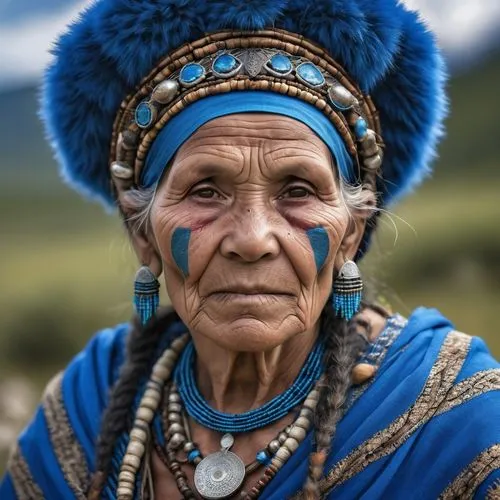 an elderly female medieval tribal shaman of a blue bear clan,mapuche,navajo,tarahumara,pachamama,peruvian women,american indian,kalasha,native american,ixil,indigena,zuni,ndn,kayapo,intertribal,marvel