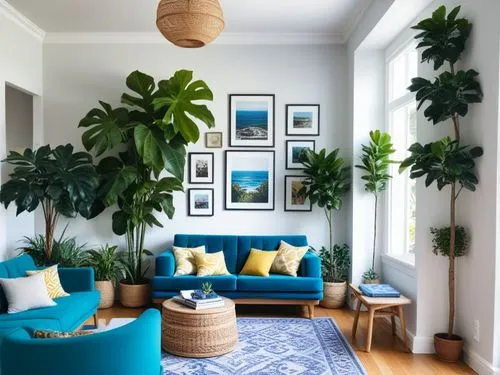 blue sofas, and some yellow pillows are the best living room decor,philodendron,house plants,modern decor,houseplants,houseplant,apartment lounge