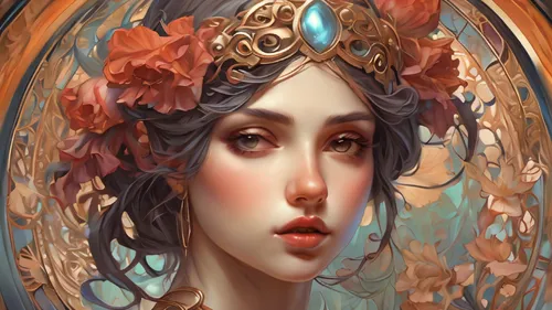 girl in a wreath,fantasy portrait,mystical portrait of a girl,faery,golden wreath,dryad,mucha,gold foil mermaid,zodiac sign libra,decorative figure,art nouveau,faerie,flora,virgo,fantasy art,boho art,medusa,priestess,rosa ' amber cover,portrait background,Conceptual Art,Fantasy,Fantasy 01