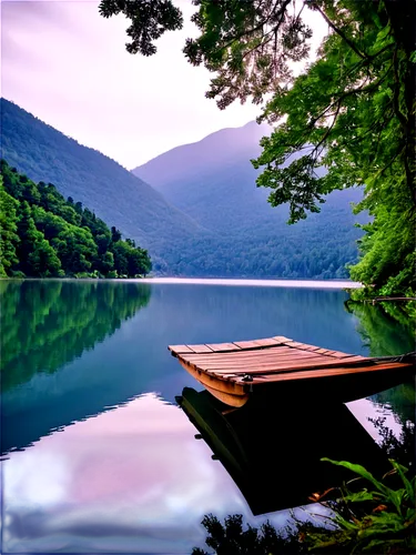 Calming scenery, peaceful atmosphere, serene lake, misty mountains, lush greenery, soft sunlight filtering through trees, gentle ripples on water, tranquil wooden dock, comfortable hammock, warm light