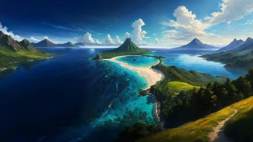 fantasy landscape,an island far away landscape,world digital painting,fantasy picture,landscape background,islands,mountain and sea,sea landscape,coastal landscape,underwater landscape,fantasy art,mou