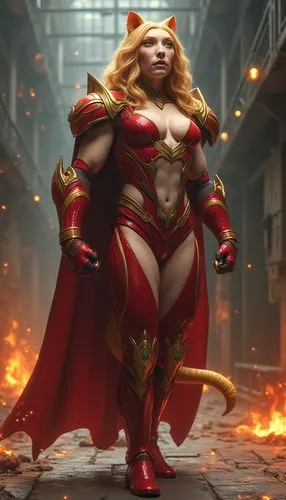 
3d realistic character with Majestic red and cream armor with lion-like mane. Incredible speed and agility. Summons and controls wildfires.,a woman in red costume walking on the street,volstagg,super