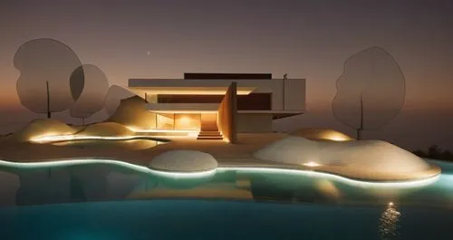 glass concrete bricks woodpanelling garden trees pool landscape summer sunlight spotlight night view park,infinity swimming pool,dunes house,dreamhouse,futuristic architecture,pool house,amanresorts,f