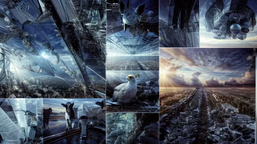 futuristic landscape,ice planet,digital compositing,panoramical,post-apocalyptic landscape,virtual landscape,biomechanical,backgrounds,image montage,sci fiction illustration,photomontage,scifi,ice castle,concept art,sci fi,shard of glass,metropolis,composite,film strip,alien world