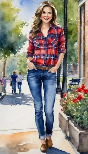 watercolor women accessory,woman walking,trisha yearwood,watercolor background,plus-size model,watercolor painting,photo painting,jeans background,walk in a park,portrait background,girl walking away,custom portrait,watercolor,girl in a historic way,advertising figure,a pedestrian,church painting,travel woman,art painting,plus-size,Illustration,Paper based,Paper Based 24