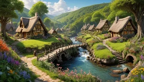 fairy village,alpine village,fantasy landscape,knight village,aurora village,mountain village,mountain settlement,home landscape,hobbiton,fantasy picture,popeye village,idyllic,fairy world,hobbit,escher village,3d fantasy,fantasy world,landscape background,fantasy city,cartoon video game background