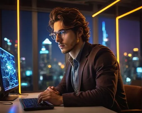 man with a computer,blur office background,cyber glasses,computer business,cybertrader,cybercriminals,computerologist,night administrator,cios,inntrepreneur,computer freak,computerization,technologist,cybermedia,cybersurfers,genocyber,meijin,valuevision,neon human resources,cyberathlete,Art,Classical Oil Painting,Classical Oil Painting 32