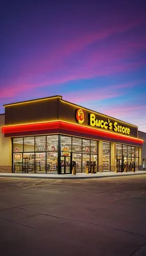 Buc-ee's convenience store, evening time, bright neon lights, building exterior, modern architecture, glass walls, metal frames, fuel pumps, parking lot, few customers walking in and out, subtle light