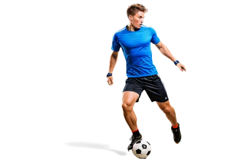 muscular man, athletic build, short spiky hair, sweaty face, intense expression, wearing football jersey, shorts, shin guards, soccer cleats, dynamic pose, kicking ball, jumping high, action shot, nat