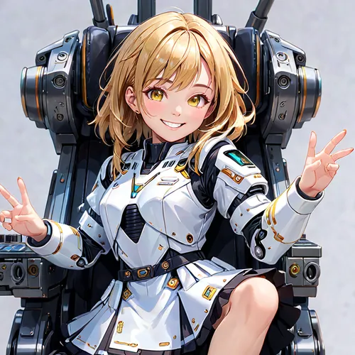 heavy object,kantai collection sailor,darjeeling,kantai,heavy cruiser,light cruiser,carrier,admiral,kayano,captain p 2-5,kotobukiya,peace sign,honolulu,ram,chariot,sitting on a chair,military robot,kriegder star,yang,space-suit,Anime,Anime,General