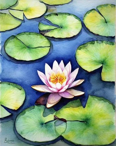 Pond Painting - Waterlily Watercolor by Brenda Alcorn,lotus on pond,pond lily,water lotus,waterlily,water lilies,water lilly,water lily,lotus,white water lilies,lotus flowers,lotus pond,lotus blossom,