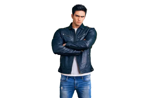 Angry man, aggressive facial expression, furrowed eyebrows, red eyes, messy black hair, muscular arms crossed, black leather jacket, torn blue jeans, heavy combat boots, standing, intense lighting, cl