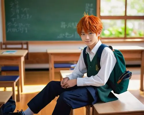 primary school student,sits on away,hinata,school uniform,school boy,sports uniform,a uniform,anime japanese clothing,guk,ren,cosplayer,anime boy,red-haired,school start,school clothes,jeon,teacher,yeonsan hong,baby carrot,cosplay image,Illustration,Retro,Retro 22