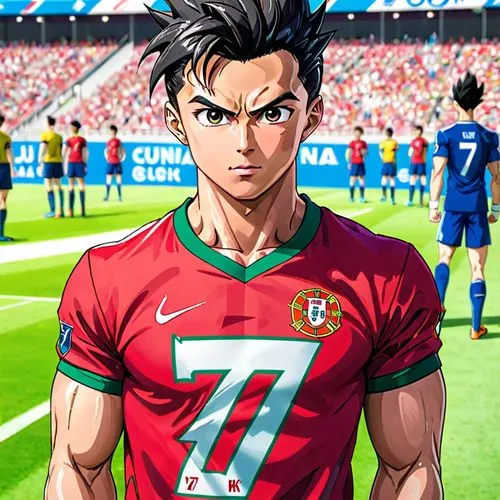 Cristiano Ronaldo, camisa sete da seleção de Portugal, tipo dragon ball z, em forma de anime, músculos, estilo Gohan, ao lado do super onze em um campo de futebol.,ternana,nagatomo,sakka,ozhan,kazuyos