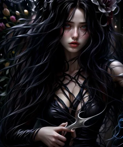 black rose,the enchantress,dryad,faery,elven flower,fantasy portrait,gothic woman,sorceress,dark art,faerie,tendrils,mystical portrait of a girl,fantasy art,wilted,fairy queen,widow flower,black rose hip,dark elf,rusalka,deadly nightshade