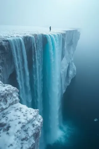 北極冰山斷崖,有一條細長的瀑布,斷崖上站著渺小的人,a lone person standing in the middle of a waterfall,icefalls,icefall,ice castle,ice curtain,crevasse,tower fall