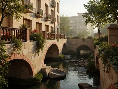 Rustic stone bridges, ornate balustrades, weathered wooden railings, warm beige stonework, earthy red brick arches, moss-covered piers, soft golden lighting, misty atmospheric effects, serene river wa