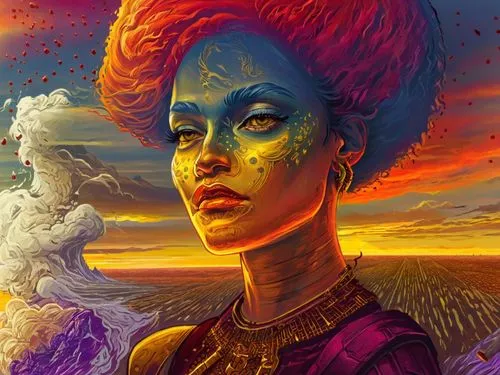 a woman with a red hair and make - up looks on,afrofuturism,dmt,fantasy art,fantasy portrait,ladyland,inanna,Illustration,Realistic Fantasy,Realistic Fantasy 25