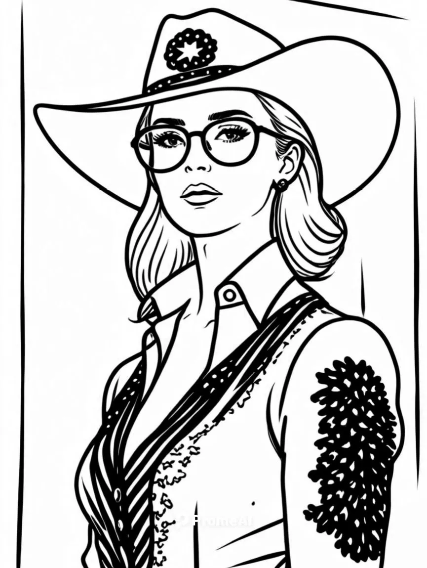 a woman in a cowboy hat and glasses is shown in a black and white illustration,comic halftone woman,comic halftone,dazzler,cowpoke,cowgirl,coloring page,Design Sketch,Design Sketch,Rough Outline