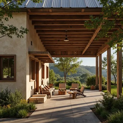 Rustic barn, earthy tones, warm beige walls, weathered wooden planks, vintage metal roofs, soft natural light, lush greenery surroundings, rolling hills, countryside landscape, serene atmosphere, warm