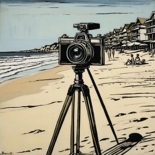 Generate a cheerful video crop at a sunny beach,camera illustration,camera drawing,timelapse,cinematograph,pictorialist,viewfinder,capturing,photographing,videocamera,movie camera,camcorder,camerist,t