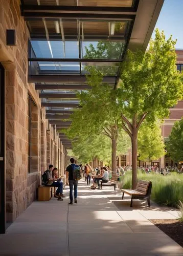 CU Boulder campus, modern architectural engineering building, grand entrance with large glass windows, steel frames, stone walls, sprawling courtyard, lush greenery, vibrant flowers, walkways, benches