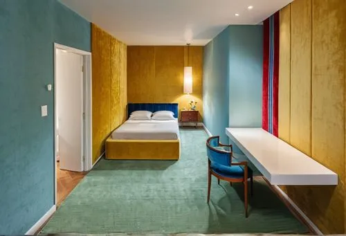 the el's modern and bright room features bright colors,guestrooms,guestroom,bedroomed,hotel w barcelona,hotel rooms,hotel hall,Photography,General,Realistic