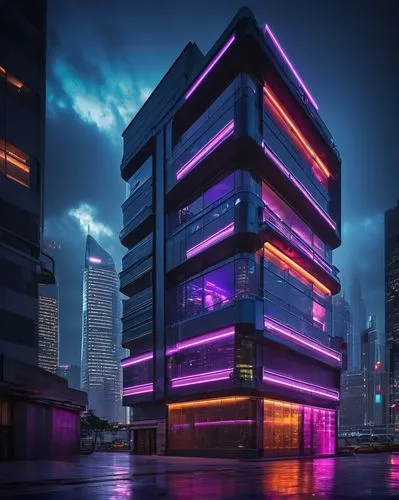 yotel,cybercity,futuristic architecture,colored lights,vdara,multi storey car park,edificio,hypermodern,luanda,guangzhou,cyberport,electrohome,nightclub,cybertown,hkmiami,modern architecture,office building,futuristic art museum,cyberpunk,apartment block,Conceptual Art,Sci-Fi,Sci-Fi 26