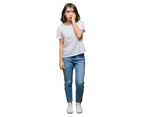 Scared person, solo, young adult, fear expression, wide open eyes, pale skin, sweaty forehead, messy brown hair, casual wear, white t-shirt, ripped jeans, sneakers, standing, dramatic lighting, close-