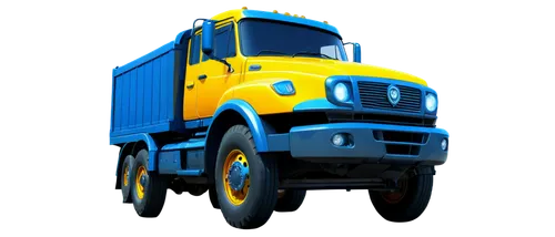 colorful lorry, cartoon style, big wheels, smiling face on front grille, shiny metallic body, bright blue and yellow paint, playful eyes on headlights, dynamic pose, jumping in air, vibrant background