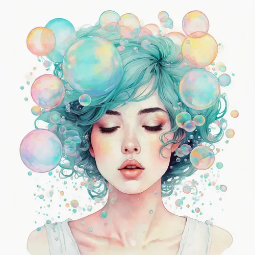 Many bubbles are gently blowing up in the white water, illustration, pastel colors, white background,bubbles,bubble,bubble mist,soap bubbles,bubble blower,liquid bubble,bubbletent,think bubble,water p