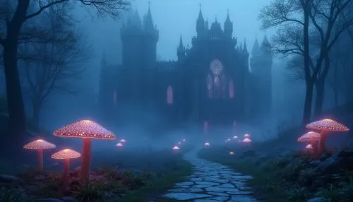 haunted cathedral,fairy tale castle,fairy village,fairy forest,halloween background,witch's house,fairytale castle,mushroom landscape,fantasy picture,halloween wallpaper,fairy world,tentorium,haunted forest,ghost castle,fairy house,fairy tale,a fairy tale,haunted castle,fantasy city,disneyfied,Photography,General,Realistic