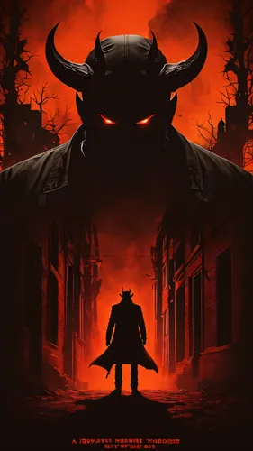 Cinematic dark mystery poster, red, orange and black colour, a silhouette of a devil in the middle from which a detective emerges, Texas atmosphere, photo realistic, cinematic, Unreal engine 5, photo 