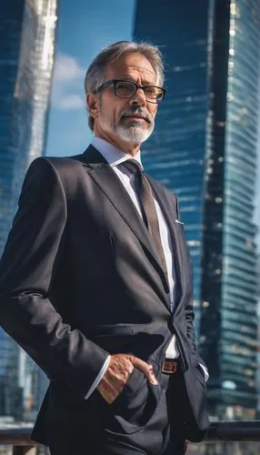 Mid-aged male architect, standing confidently, hands in pockets, stylish glasses, short brown hair, subtle facial hair, wearing a tailored black suit, white shirt, black tie, black leather shoes, hold